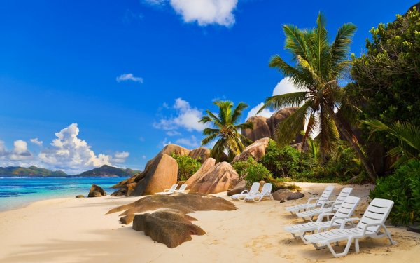 Fotografía Tropico Playa Chair Sand Océano Seychelles Palmera Árbol Rock Fondo de pantalla HD | Fondo de Escritorio