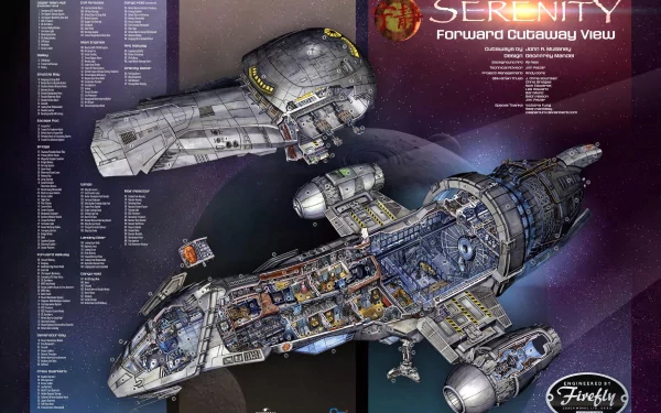 Cutaway schematic of the Firefly-class ship Serenity from the movie Serenity (2005), rendered as a detailed 4K Ultra HD PC desktop wallpaper and background with labeled compartments and crew areas.