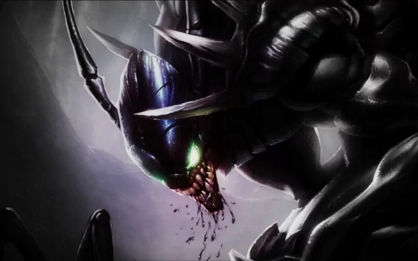 Kha'Zix from League of Legends appears in this striking 4K Ultra HD wallpaper, showcasing his menacing form with sharp spikes and eerie glowing eyes.