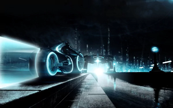 HD PC desktop wallpaper featuring a sleek light cycle from the movie TRON: Legacy against a futuristic, glowing cityscape at night.