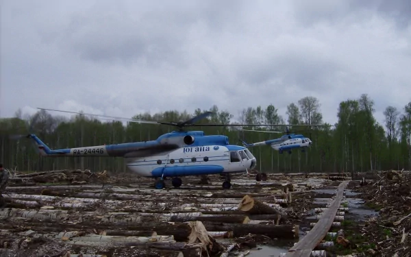 HD PC desktop wallpaper showing a Mil Mi-8 helicopter on a cleared forest area under a cloudy sky.