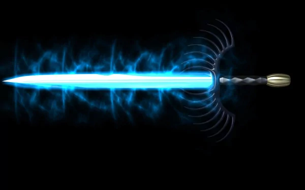 HD PC desktop wallpaper showing a glowing blue energy sword from the video game Tibia, radiating arcane light against a black background.