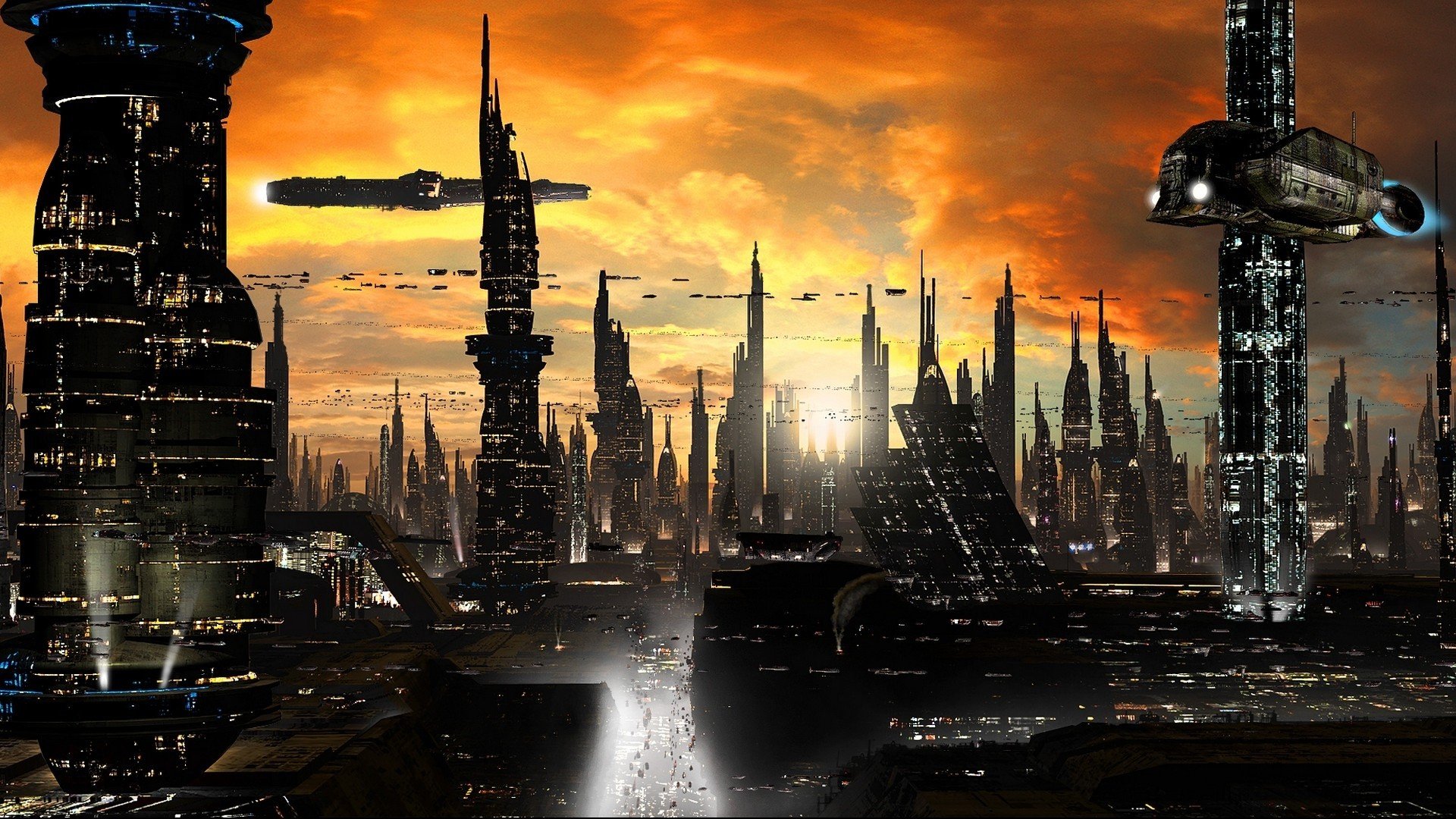 HD PC desktop wallpaper showcasing a sprawling sci-fi cityscape with towering futuristic buildings under a dramatic orange sky.
