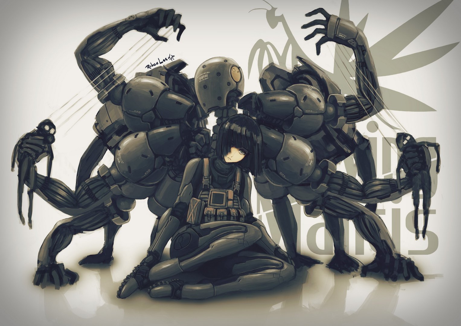 HD PC desktop wallpaper from Metal Gear Solid 4: Guns of the Patriots — armored, multi‑limbed spider mech looming over a seated, camouflaged soldier in dark, stylized military art.