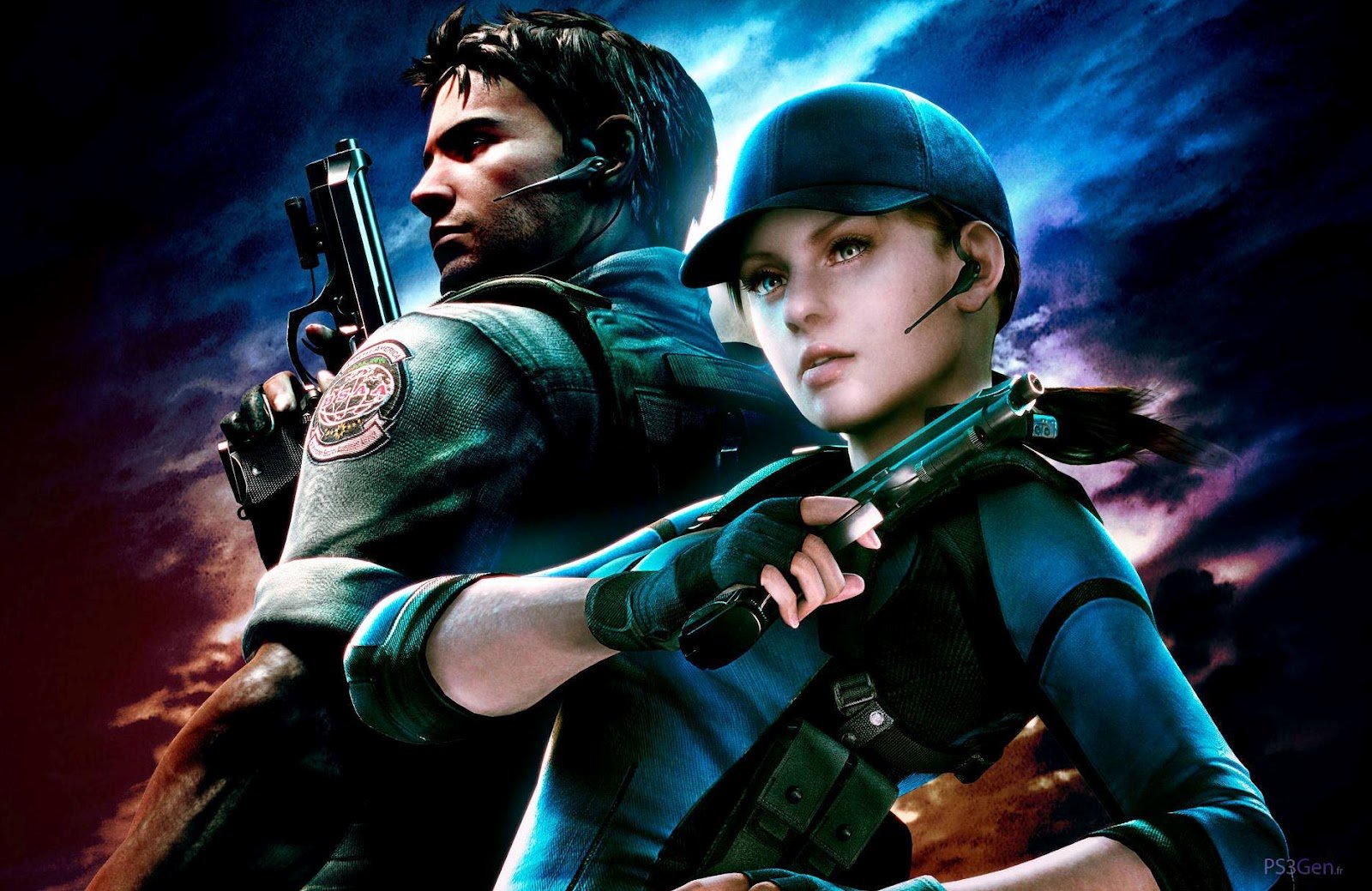 High-definition wallpaper featuring characters from Resident Evil 5, showcasing a dramatic pose with firearms against a vivid, atmospheric background.