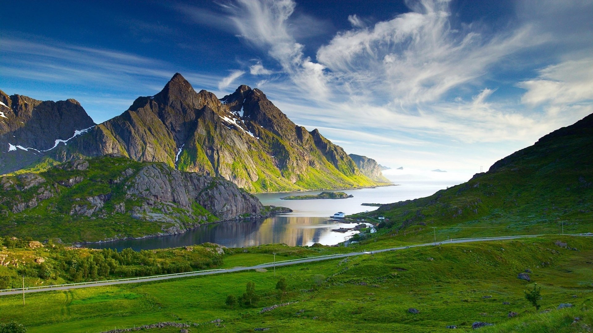 HD desktop wallpaper featuring a breathtaking landscape with a clear sky, lush greenery, a serene river, and majestic mountains. A perfect blend of nature’s beauty captured in stunning photography.