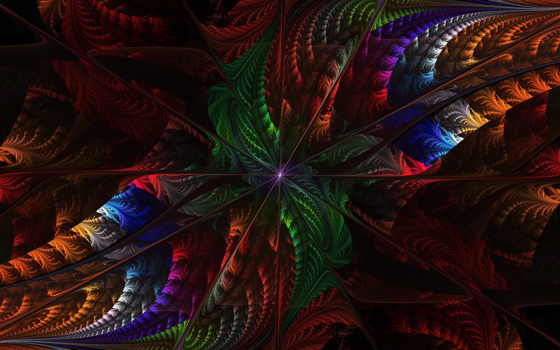 Abstract fractal design with vibrant, swirling patterns in red, green, blue, and orange, creating a dynamic and intricate HD desktop wallpaper background.
