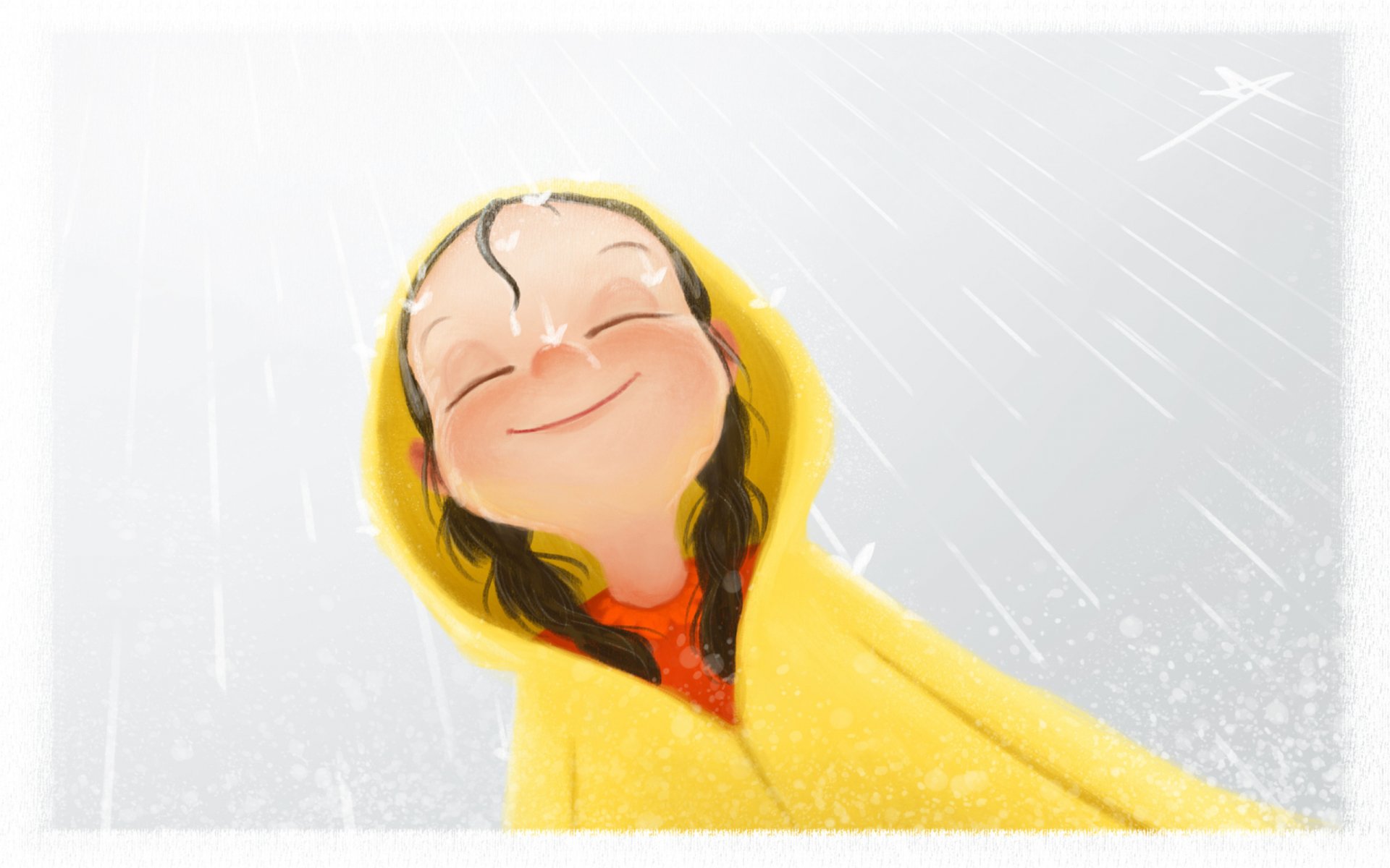 A cheerful child in a bright yellow raincoat smiles up at the rain, radiating joy in this artistic HD desktop wallpaper, capturing a moment of carefree happiness.