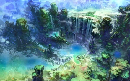 A stunning HD wallpaper for PC featuring a lush, vibrant landscape from the video game ArcheAge, showcasing waterfalls and serene pools amidst greenery.