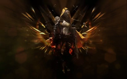 HD PC desktop wallpaper from Destiny video game featuring a cloaked female warrior in armor holding a rifle, surrounded by glowing effects and a dark cowl.