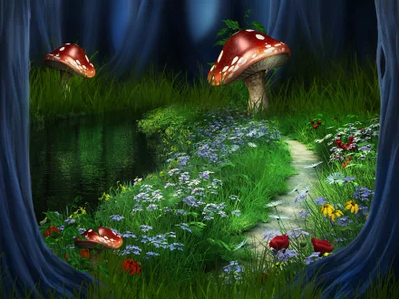 Artistic HD desktop wallpaper featuring glowing red mushrooms and a winding path through a vibrant, flower-filled forest scene at night.