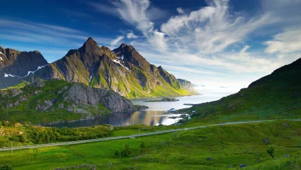 HD desktop wallpaper featuring a breathtaking landscape with a clear sky, lush greenery, a serene river, and majestic mountains. A perfect blend of nature’s beauty captured in stunning photography.