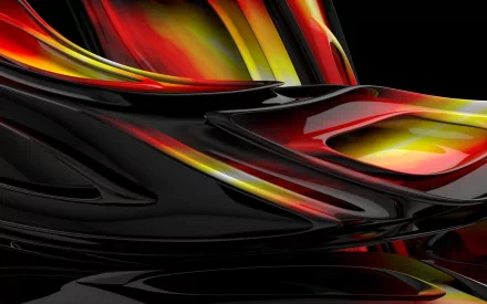 Abstract 3D design featuring smooth, flowing shapes and vibrant red, yellow, and black colors. This HD wallpaper adds a dynamic touch to any desktop background.