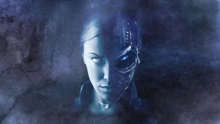 A dramatic HD wallpaper from Terminator 3: Rise of the Machines, featuring a striking half-human, half-cyborg face against a dark, misty background.