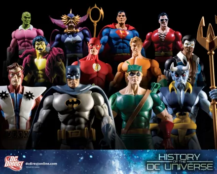 A vibrant HD wallpaper featuring a collection of iconic superhero action figures, showcasing their distinct costumes and poses against a dynamic background. A striking addition to any desktop.