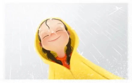 A cheerful child in a bright yellow raincoat smiles up at the rain, radiating joy in this artistic HD desktop wallpaper, capturing a moment of carefree happiness.
