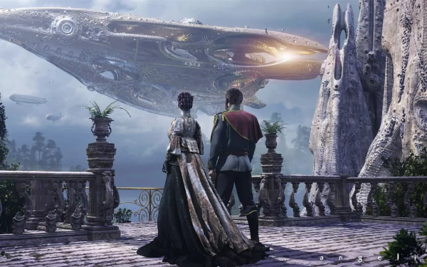 Two elegantly dressed individuals stand on a terrace, overlooking an immense, intricately designed spaceship in the distance. The scene is a high-definition sci-fi wallpaper inspired by Dune.
