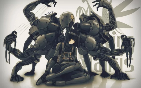 HD PC desktop wallpaper from Metal Gear Solid 4: Guns of the Patriots — armored, multi‑limbed spider mech looming over a seated, camouflaged soldier in dark, stylized military art.