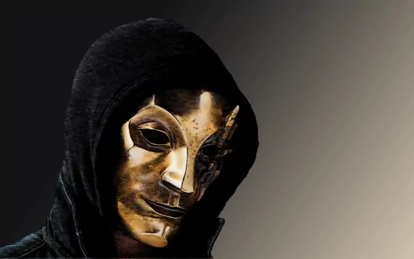 HD PC desktop wallpaper featuring a mysterious figure wearing a metallic mask, inspired by Hollywood Undead's music aesthetic.