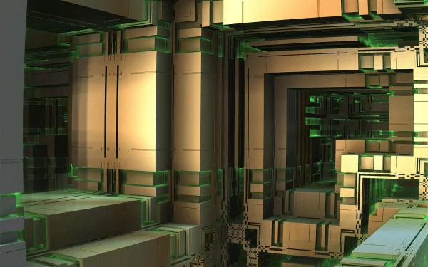 A stunning HD desktop wallpaper showcasing a 3D fractal design in CGI. The intricate structure features golden and green hues, creating an artistic and immersive visual experience.