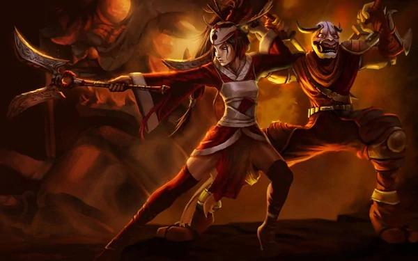HD PC desktop wallpaper featuring Shen and Akali from League of Legends in dynamic, fiery battle poses set against a dramatic, shadowed background.