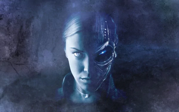 A dramatic HD wallpaper from Terminator 3: Rise of the Machines, featuring a striking half-human, half-cyborg face against a dark, misty background.