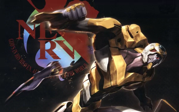 Dynamic Neon Genesis Evangelion 2K Quad HD PC wallpaper: Evangelion Unit-00 in yellow armor lunging forward with NERV logo behind, anime desktop background.