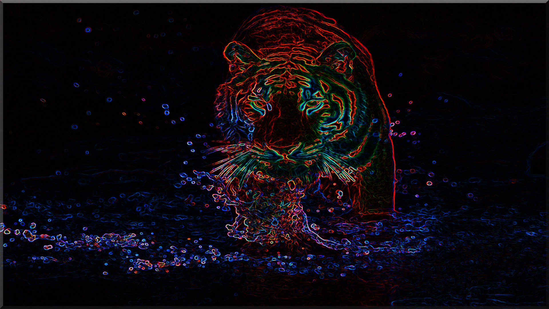 A striking HD desktop wallpaper featuring a black, fractal-inspired image of a tiger, with vibrant colors creating a dynamic and artistic representation of this majestic animal.