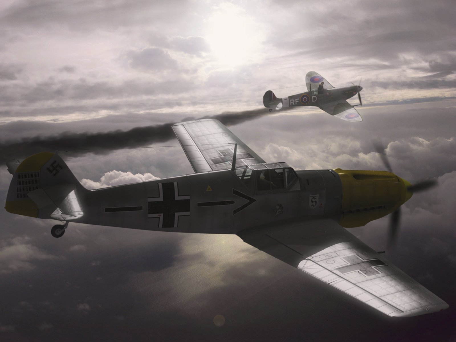 HD desktop wallpaper featuring two military aircraft flying above the clouds under a moody, overcast sky.