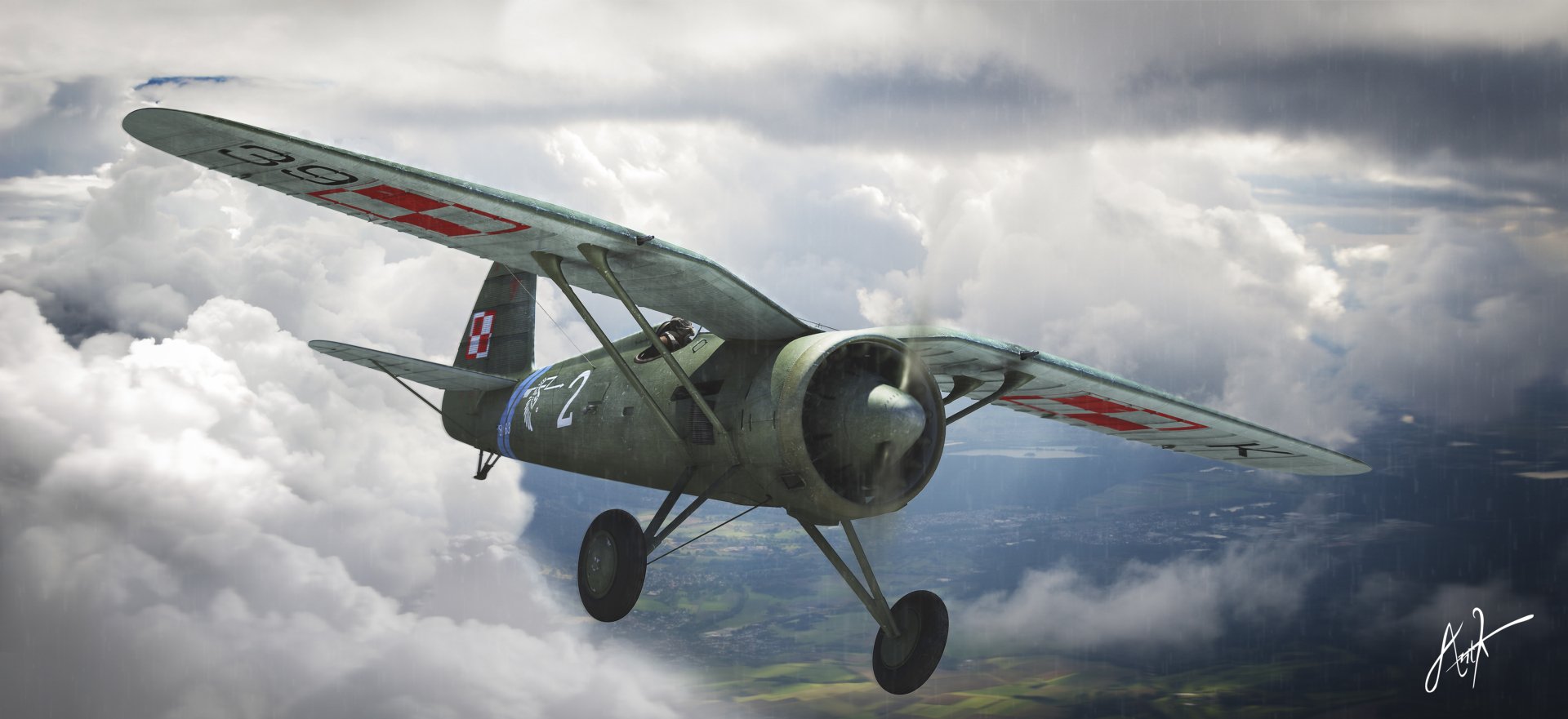 4K Ultra HD desktop wallpaper showing a vintage military aircraft flying above the clouds with a dramatic sky in the background.