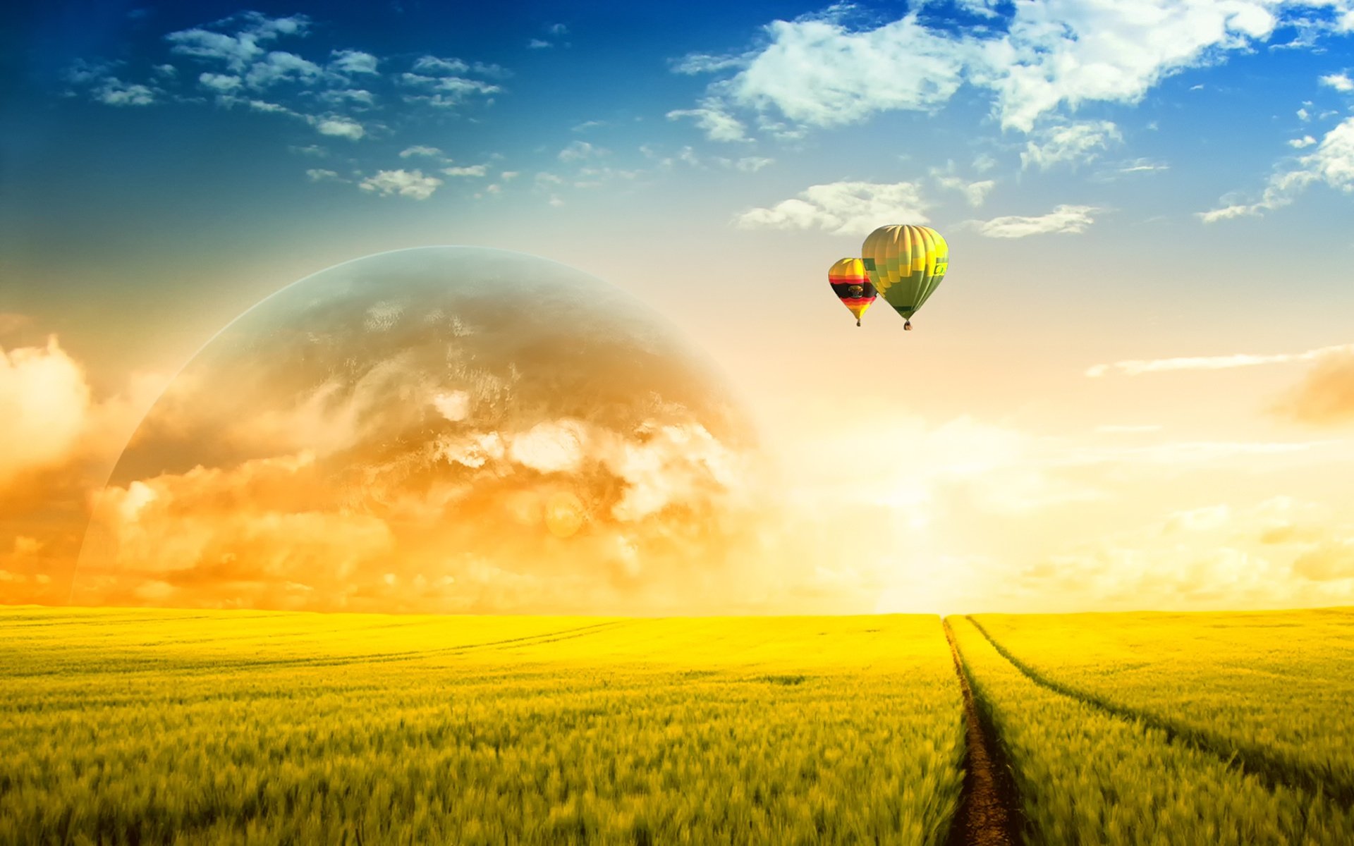 A dreamy nature scene featuring a golden field under a blue sky with clouds, two colorful hot air balloons, and a faint glowing orb, captured in HD for a PC desktop wallpaper.
