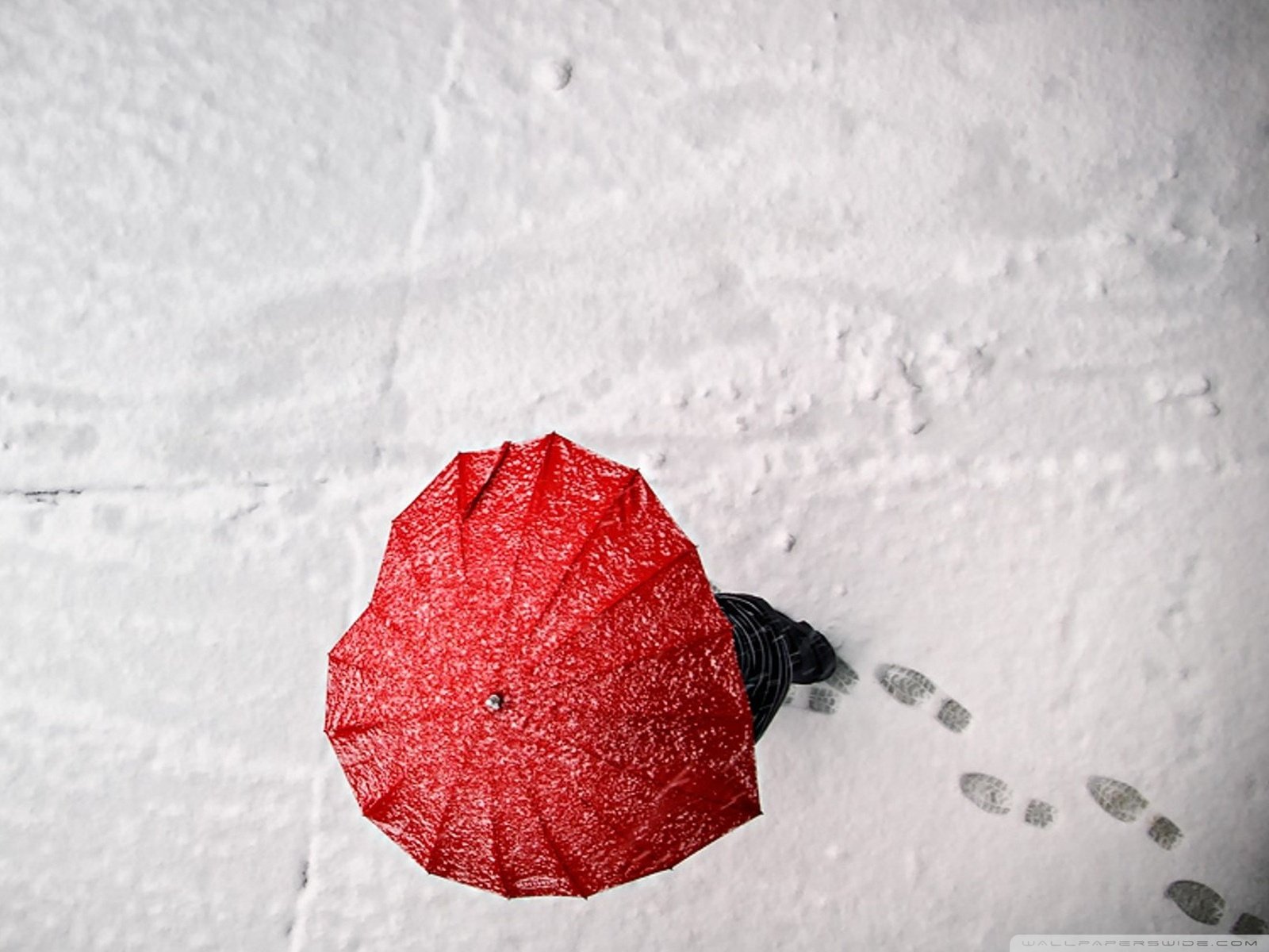 HD desktop wallpaper showing a person holding a red umbrella standing on fresh snow with footprints, capturing a peaceful Valentine's Day holiday scene.