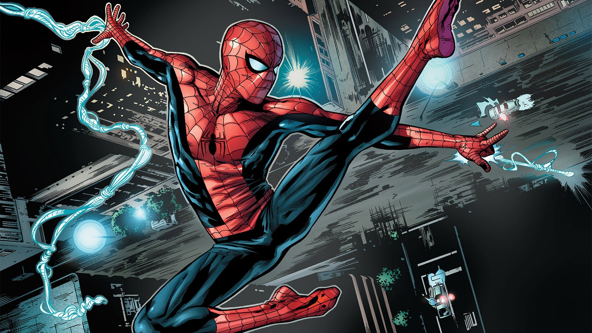HD PC desktop wallpaper featuring Spider-Man in a dynamic comic-style pose swinging through a cityscape at night.