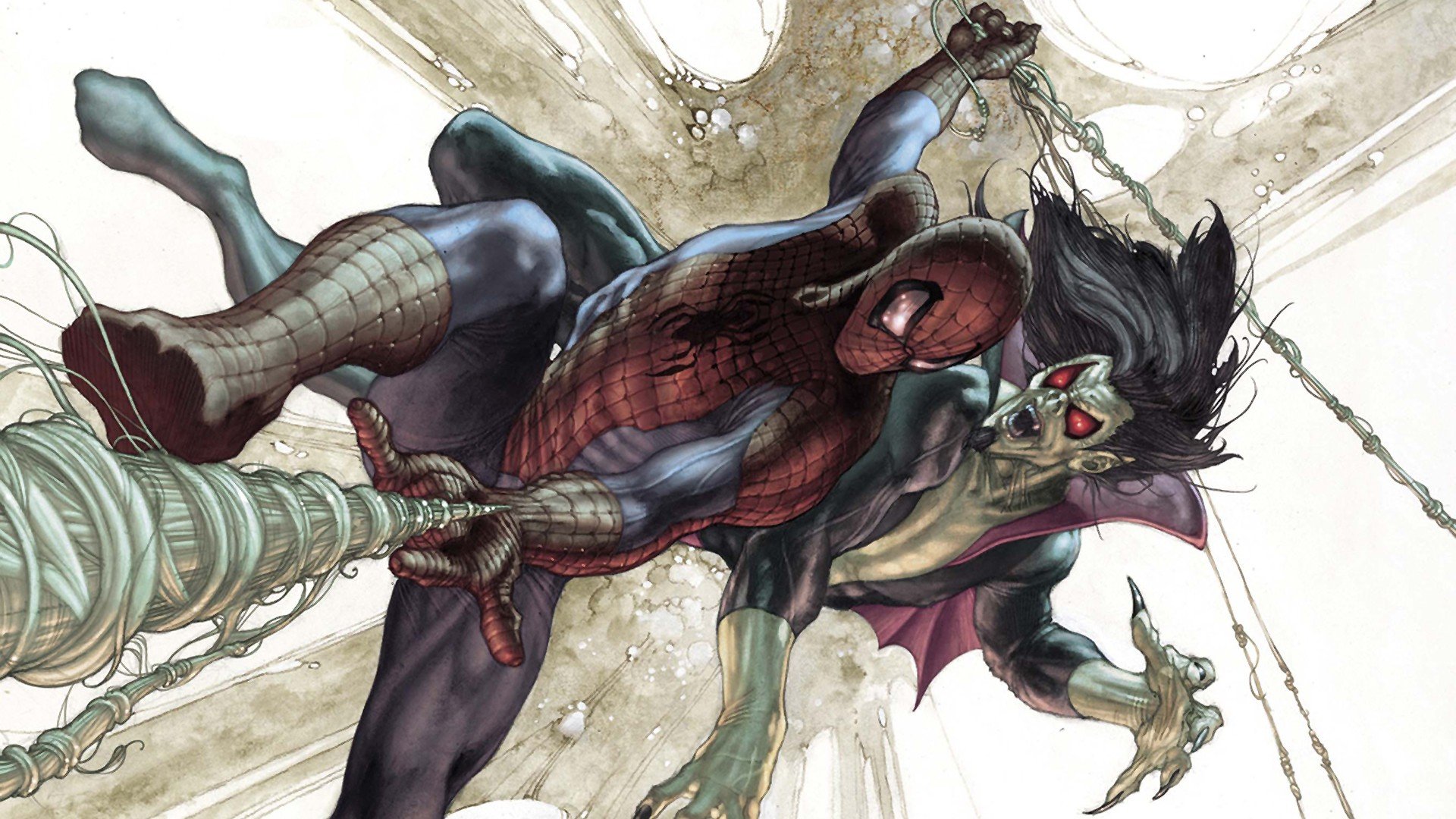 HD PC desktop wallpaper featuring Green Goblin and Spider-Man in an intense battle scene from The Amazing Spider-Man comic.