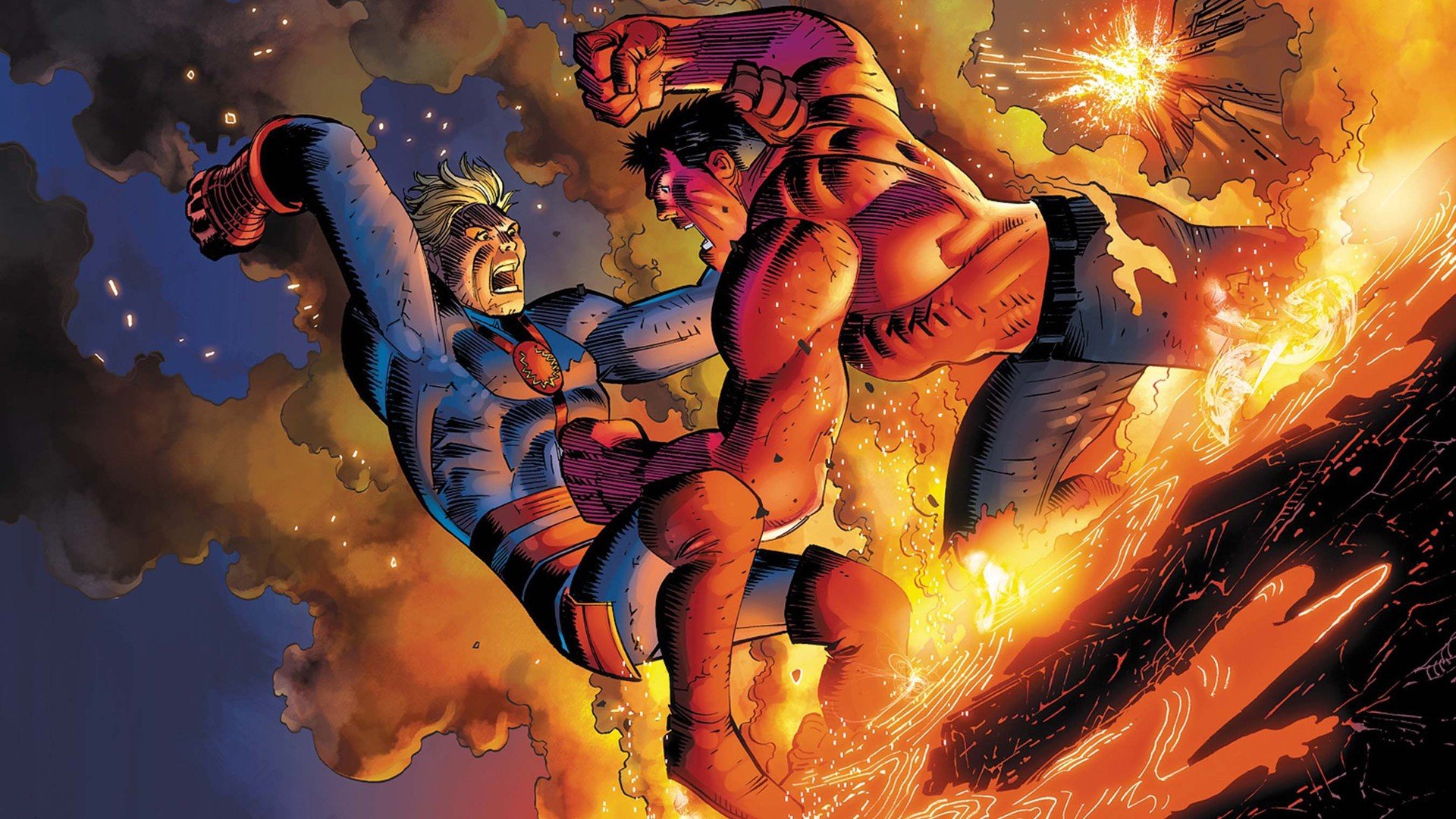 Ikaris battles Red Hulk amidst a dramatic explosion, showcasing dynamic action from Marvel Comics. This vibrant HD wallpaper captures the intensity of their clash.