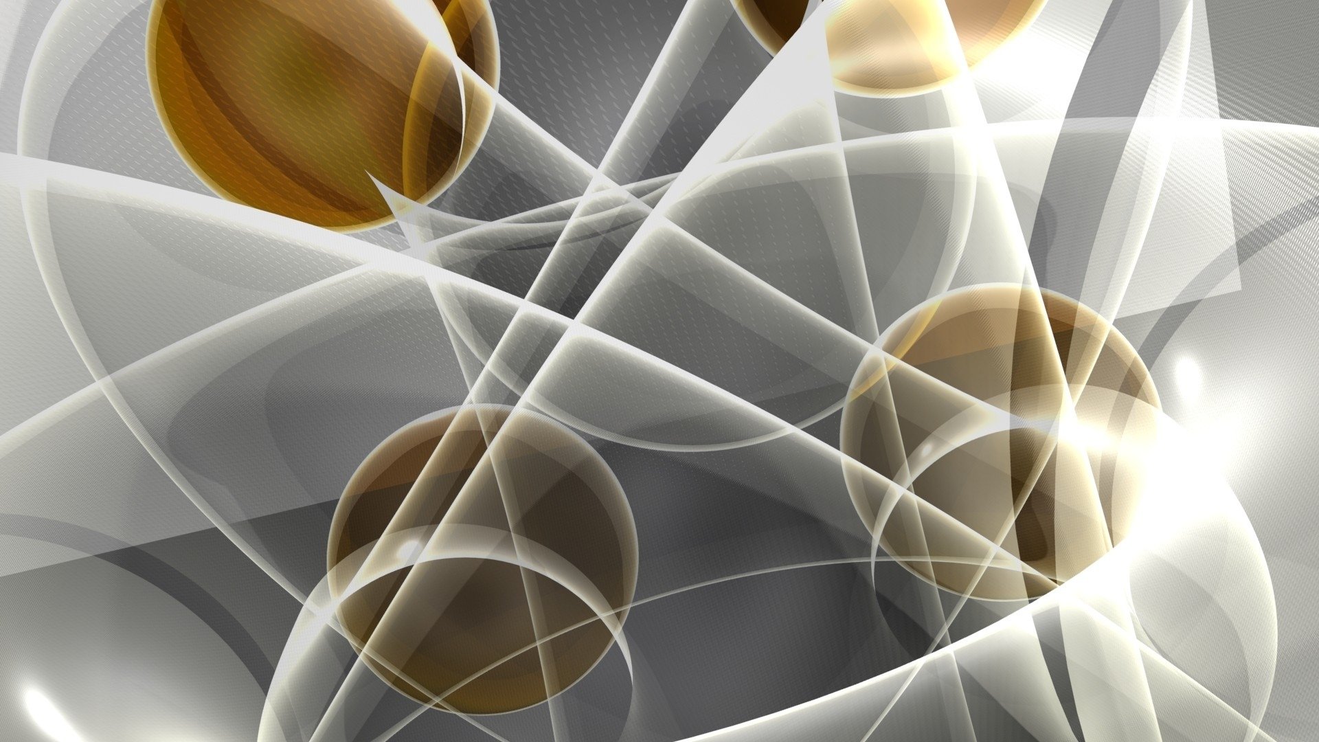 Abstract artistic HD PC desktop wallpaper and background showing translucent white ribbons weaving around glowing amber spheres on a soft gray field.