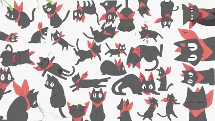 A vibrant HD desktop wallpaper featuring playful black cats with red bandanas, inspired by Sakamoto from the anime Nichijō, showcasing a delightful array of animated poses.