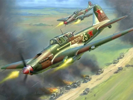A dramatic HD wallpaper featuring Ilyushin Il-2 military aircraft engaged in aerial combat, showcasing detailed planes amidst a backdrop of smoke and explosions.