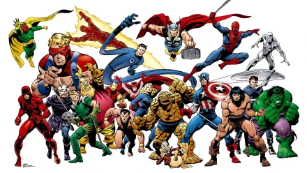 HD PC desktop wallpaper collage featuring a vibrant comic-style illustration of multiple classic superheroes in dynamic poses.