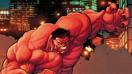 HD PC desktop wallpaper of the red Hulk from the comic Venom: Circle of Four, roaring and smashing through a neon-lit cityscape background.