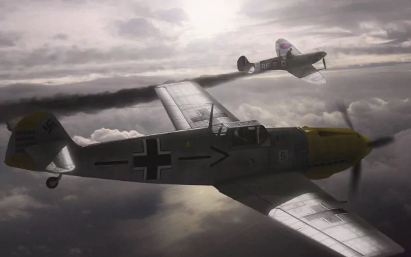 HD desktop wallpaper featuring two military aircraft flying above the clouds under a moody, overcast sky.