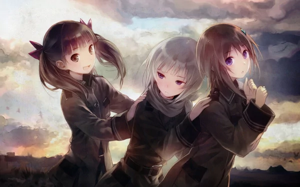 A vibrant HD wallpaper featuring characters from the anime Sora no Woto, set against a dramatic sky with soft clouds and a warm color palette.