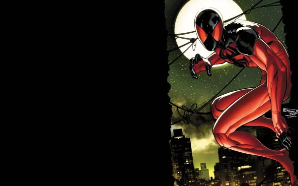 HD PC desktop wallpaper featuring Scarlet Spider from a comic, poised against a nighttime cityscape with a full moon illuminating the background.