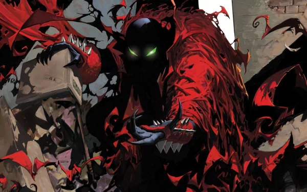 HD PC desktop wallpaper featuring Spawn from Marvel Comics in a dark, intense comic-style scene with glowing green eyes and flowing red cape.
