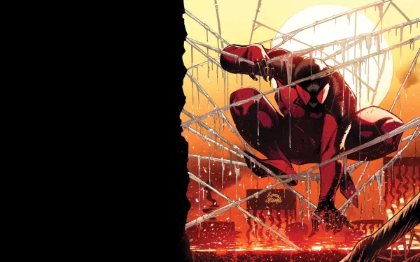 HD comic-style Scarlet Spider wallpaper showing the character crouched on webbing with a glowing orange cityscape in the background.