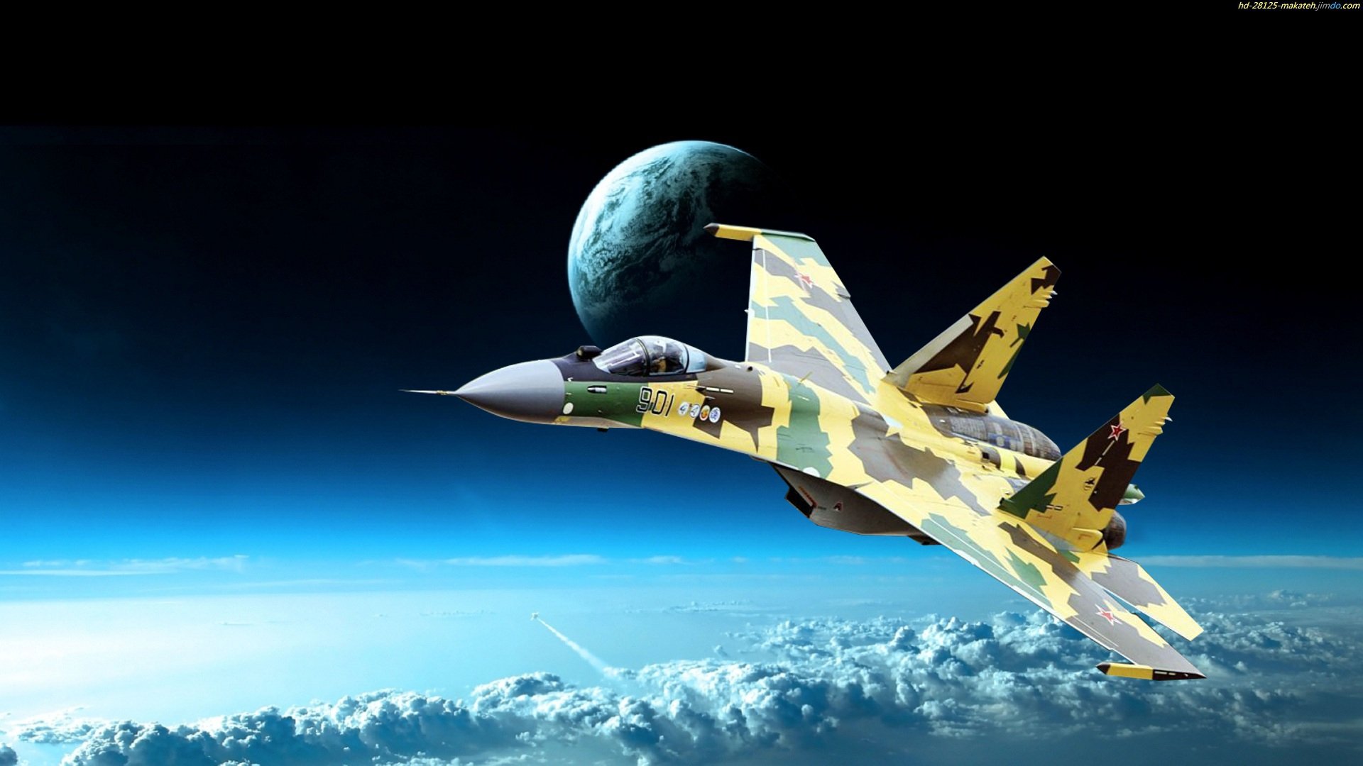 HD desktop wallpaper featuring a camouflaged Sukhoi Su-35 military jet fighter soaring above Earth with the planet visible in the background.