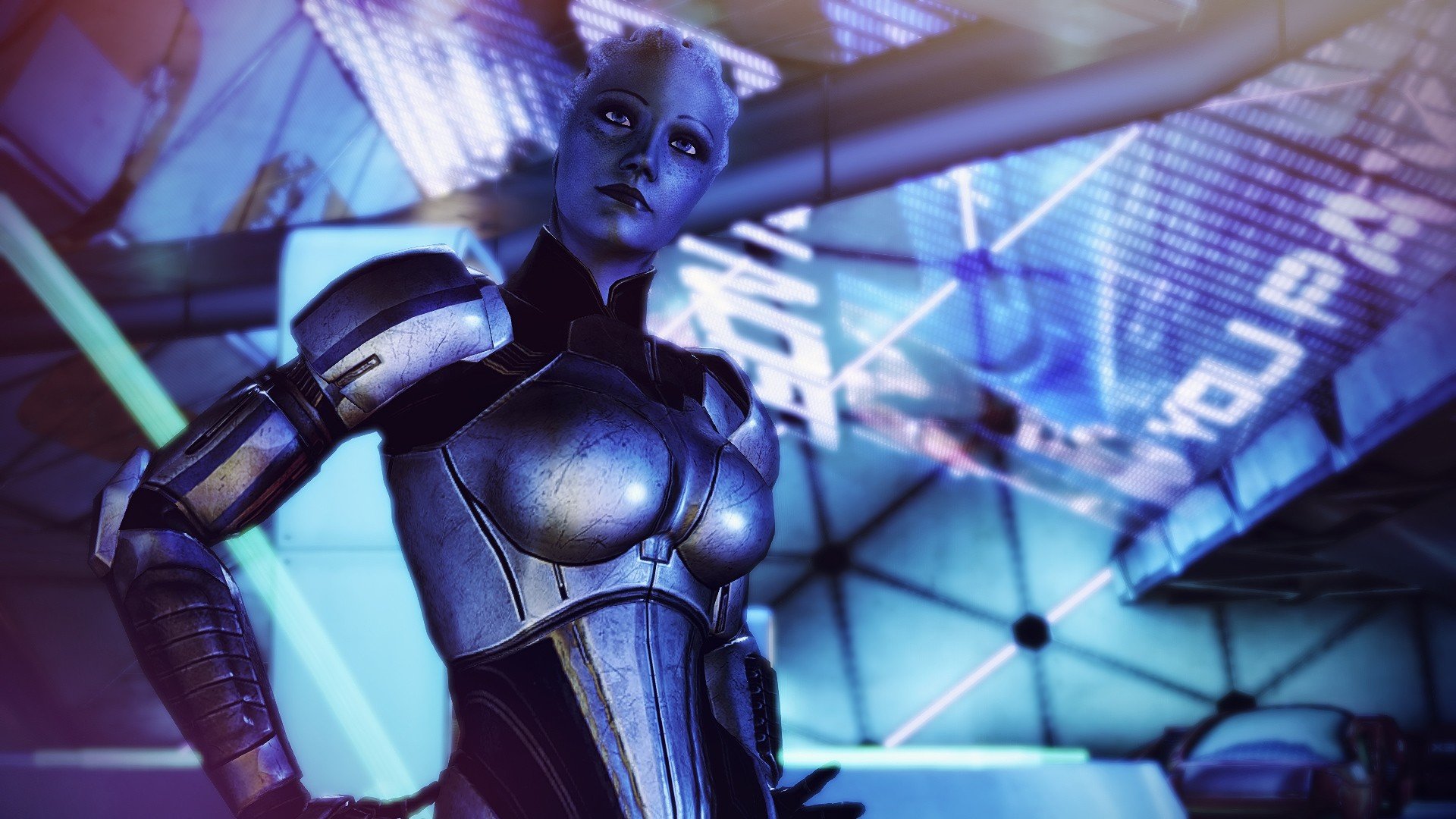 Liara T'Soni (video game, Mass Effect 3) in a blue-lit futuristic interior wearing armor, posing confidently — HD PC desktop wallpaper and background