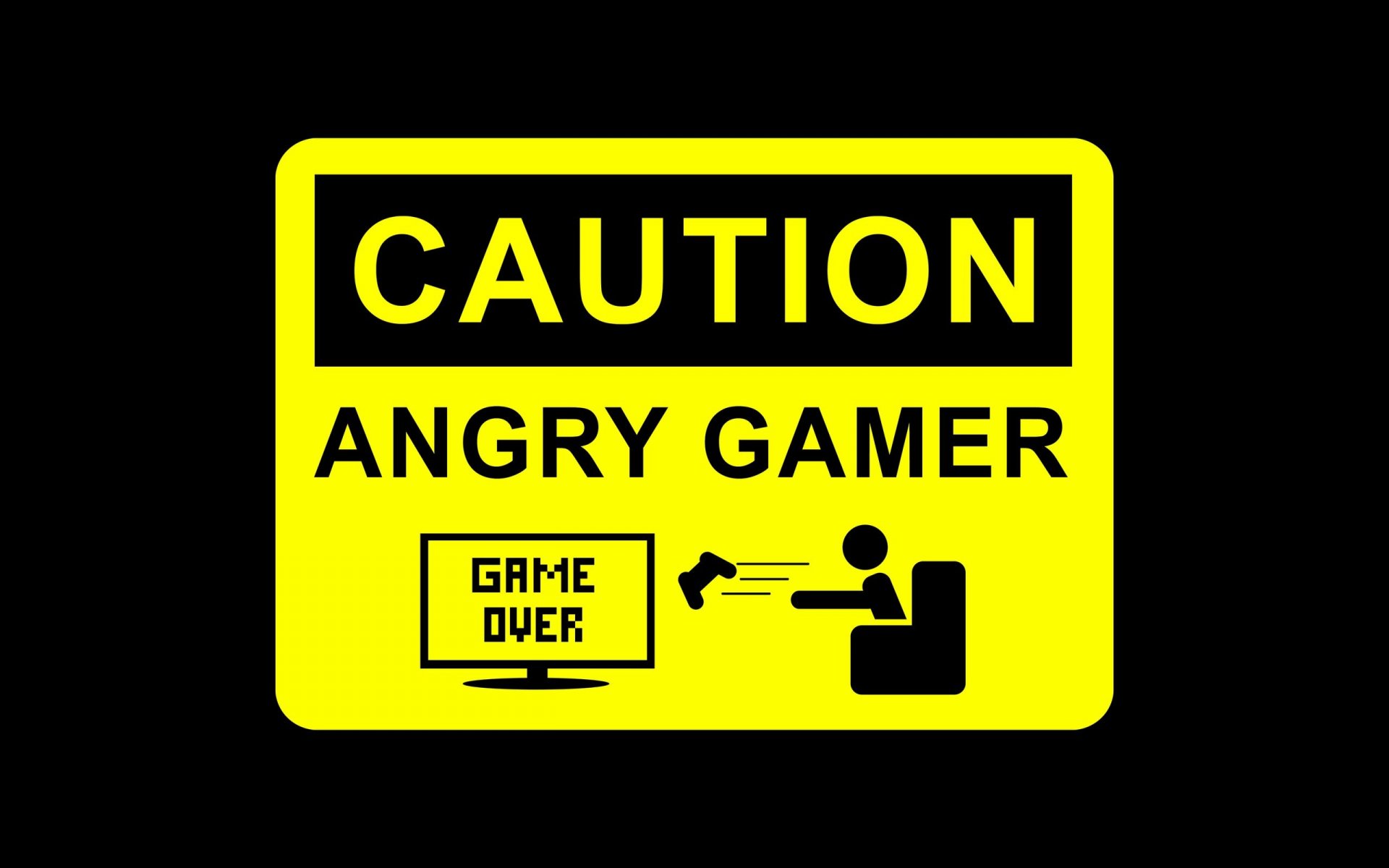 HD PC desktop wallpaper featuring a bright yellow caution sign that humorously warns of an angry gamer, with Game Over displayed on a screen.