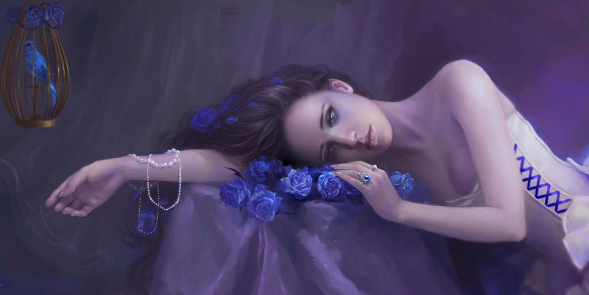 HD wallpaper of a woman with brown hair lying on satin, surrounded by blue roses, wearing a pearl bracelet and ring, with a delicate bluebird and cage nearby in an artistic scene.