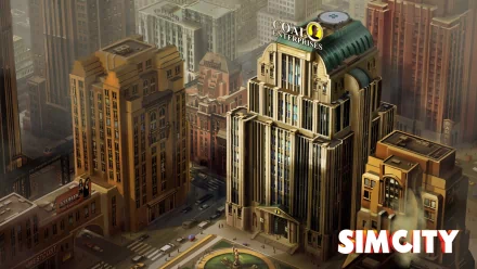 HD desktop wallpaper featuring the iconic urban landscape from the game SimCity, with vivid skyscrapers and the game's logo.
